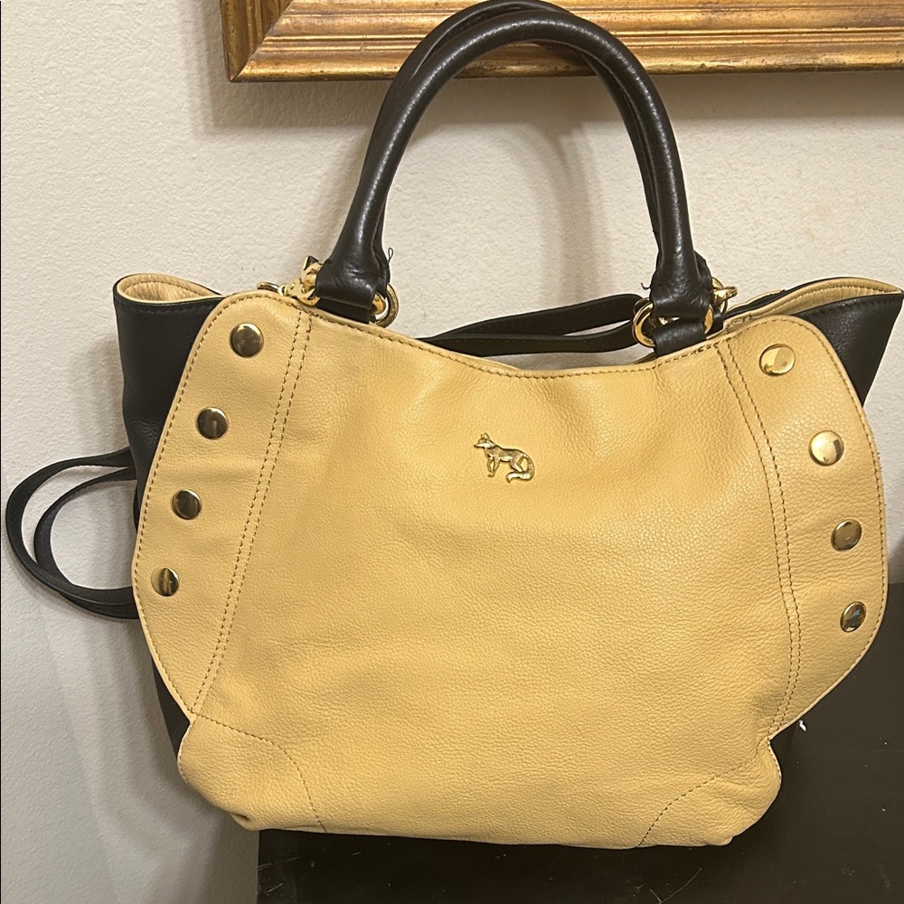 Emma Fox  Yellow and Black Leather Shoulder Bag with Gold Accents